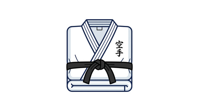 Karate Uniform: A neatly folded karate uniform, featuring a white gi, black belt, and traditional Japanese calligraphy, symbolizes discipline and martial arts training.