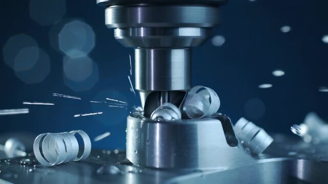 High precision CNC machine milling tool working on steel metal part with cooling liquid droplets in factory, concept for heavy manufacturing, precision engineering and industrial production