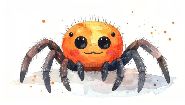 Minimalist watercolor illustration of Cute cartoon spider