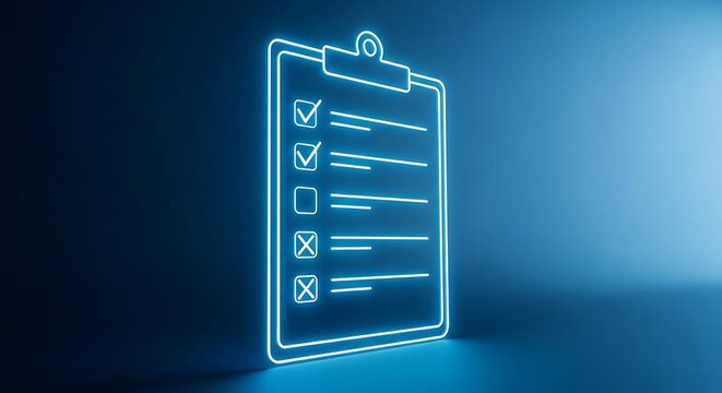 Glowing blue neon outline of a clipboard with checklist, partially complete, on dark background