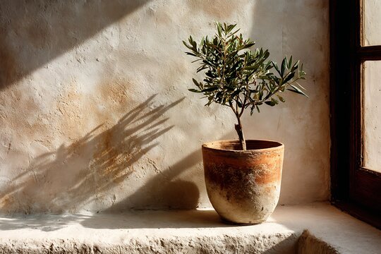 A small olive tree in a terracotta pot by a window