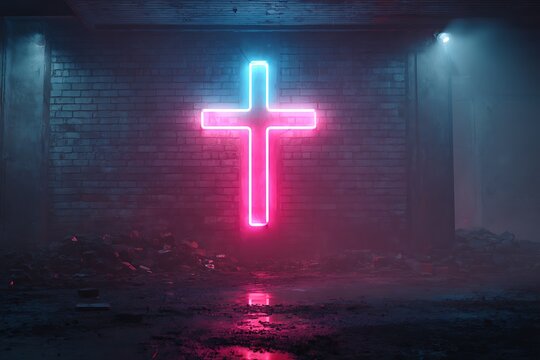 Abstract neon cross in a dark industrial space