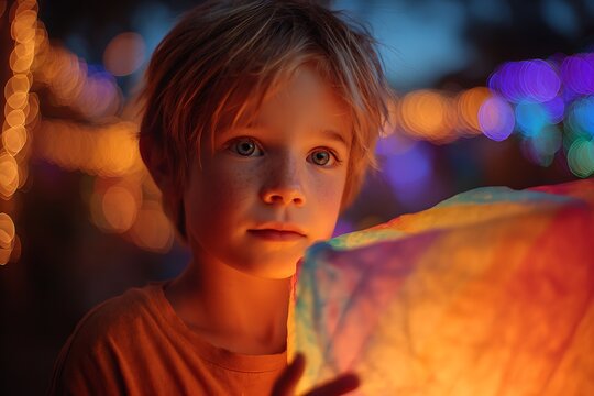 Child holding a vibrant paper lantern at VBS