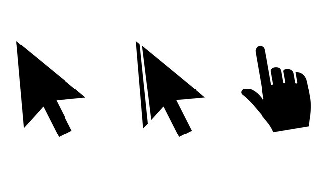 Minimalist computer cursor icon set, black arrow pointer and hand clicker symbols, digital navigation vector elements for web interface design