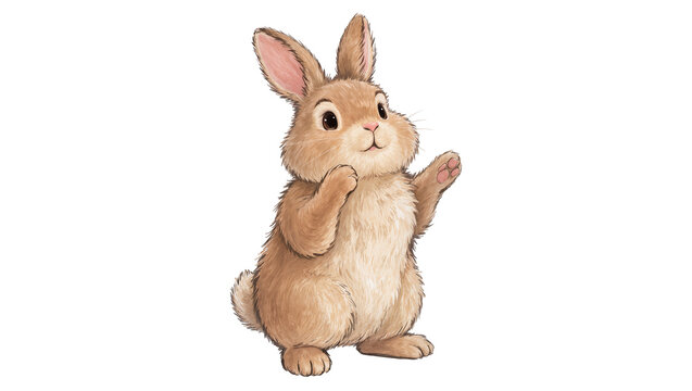 Brown fluffy bunny standing with raised paw