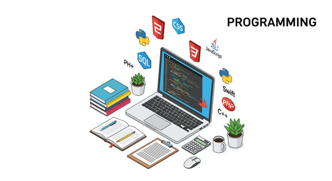 Software development and programming isometric illustration shows a laptop with code and floating icons of different computer languages.