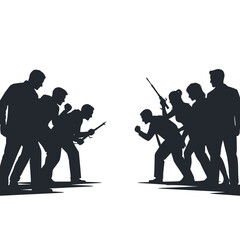 Naklejka premium Silhouette conflict: Business people armed with weapons facing off against each other