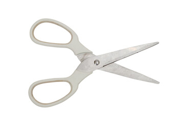 Fototapeta premium Metal scissors with white handle open on isolated transparent background. Household cutting tool for craft, stationery, office and school supply. Equipment for paper cutting and material tailoring.