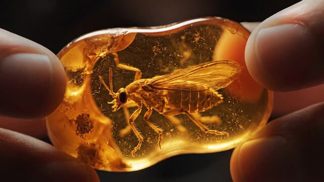 A person holding amber with a preserved fly insect inside