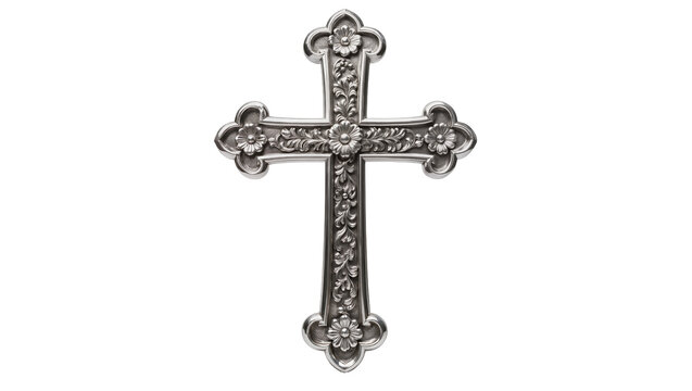 Ornate silver cross with floral details and intricate carvings