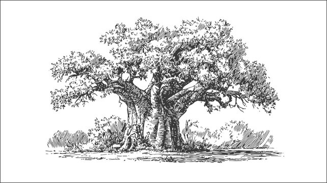 ancient baobab tree illustration with thick trunk and sprawling branches in detailed black ink drawing
