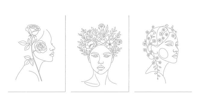 Portraits of women incorporate floral motifs in these linear sketches.