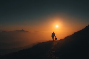 Obraz premium Father and young son hiking at sunrise