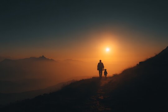 Father and young son hiking at sunrise