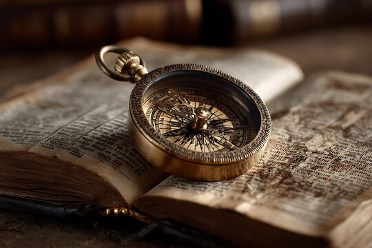 Macro of a compass resting on an old bible