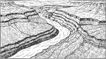 Fototapeta premium Detailed black and white line art of a meandering river flowing through layered canyon cliffs and rocky landscape