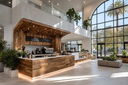 Modern church lobby with a 'Free Coffee' station