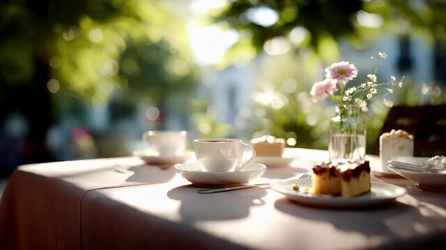 Spring Summer outdoor leisure relaxation activity. A vivid outdoor scene depicts a serene afternoon tea setting. A white tablecloth covers the table, and a white cup of coffee sits on a saucer.