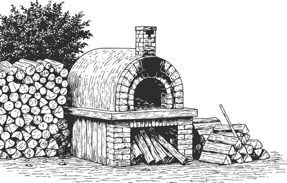 Traditional outdoor brick oven with woodpile, firewood storage and rustic cooking setup