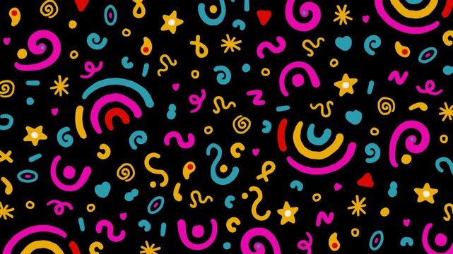 Colorful seamless doodle pattern featuring bright neon rainbows, hearts and playful shapes on a bold black background in retro hand drawn style.