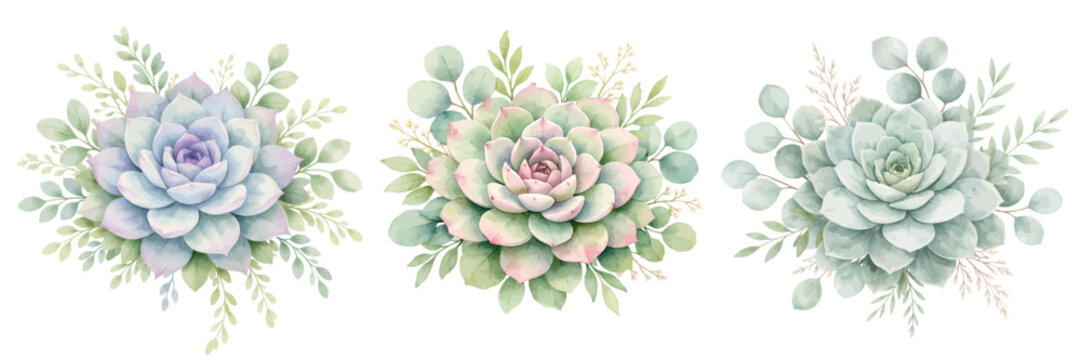 A watercolor set of succulent bouquets featuring soft rosette succulents with eucalyptus leaves and delicate botanical foliage isolated on white background.