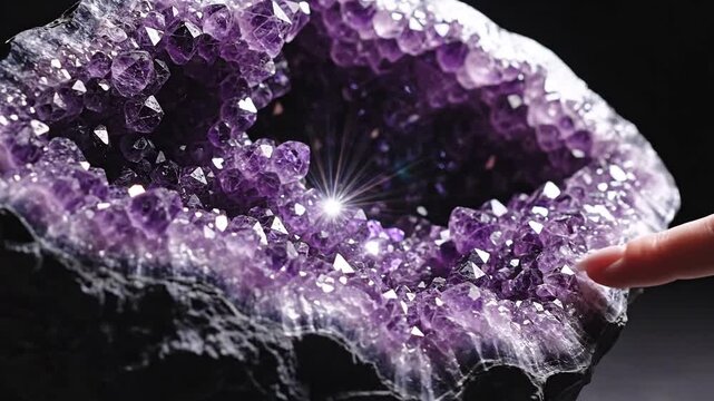 A person touching a sparkling amethyst geode with finger