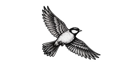 Detailed Flying Chickadee Bird Sketch with Extended Wings © Nuria