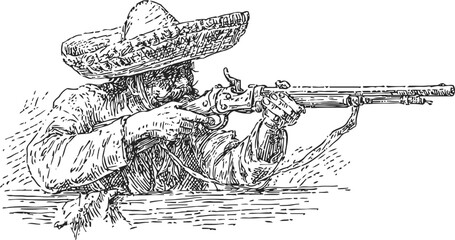Naklejka premium Vintage illustration of a man wearing a sombrero aiming a rifle in shooting stance
