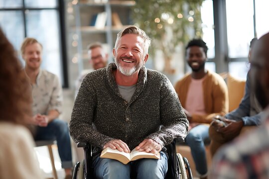 Person in a wheelchair leading a small group study