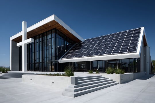 Solar panels on a modern church roof against blue sky