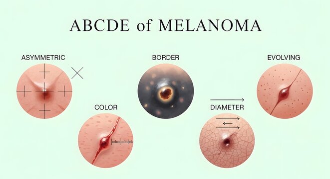 Melanoma diagnostic guide illustrates the ABCDE criteria including asymmetry, border, color, diameter, and evolving features for early skin cancer detection.