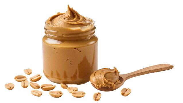 Creamy peanut butter jar with spoon and scattered peanuts