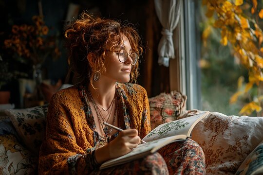 Young woman sketching in a 'Scripture Journal'