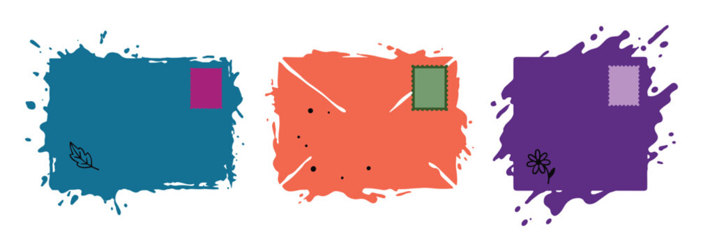 Envelopes mail postal service postage stamp abstract splash shapes colorful background elements