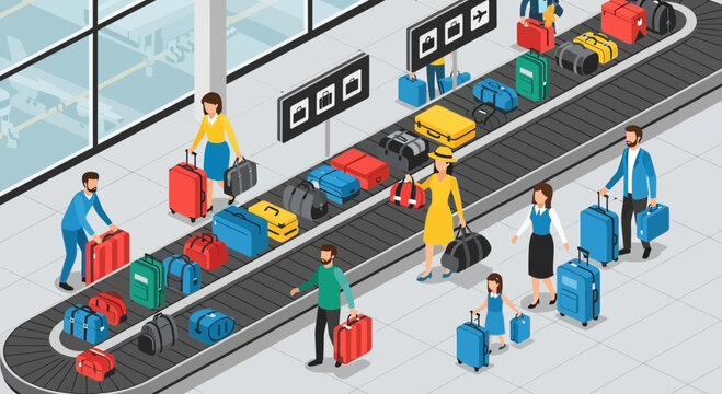 Airport Baggage Claim Carousel with Travelers and Luggage, Isometric View