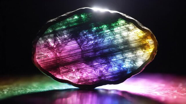 A colorful iridescent gemstone radiating light on dark background