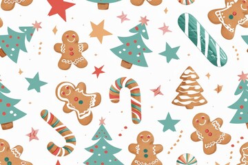 Fototapeta premium christmas gingerbread pattern cookies candy cane tree star cute cartoon colorful flat design white background