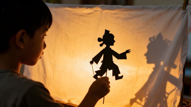 Little boy performing traditional shadow puppet show behind a white screen.