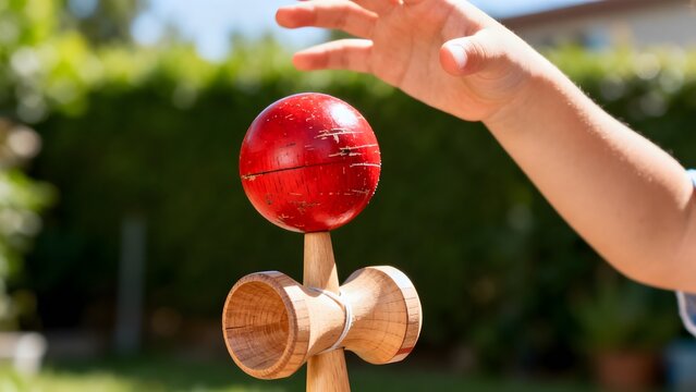 Child's hand reaching for a red kendama toy on a sunny day.