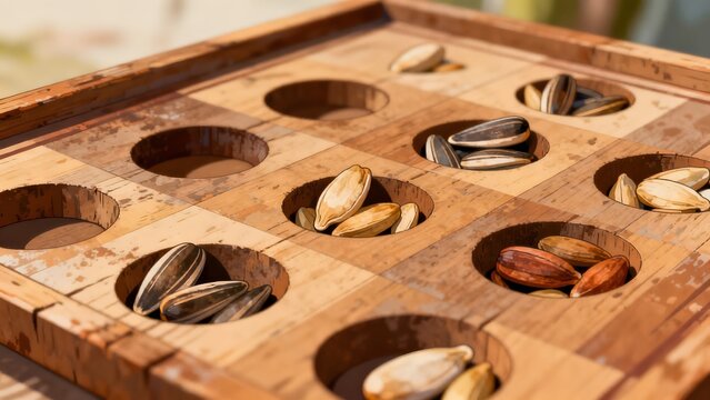 Close-up of a traditional wooden mancala board game with pits filled with various seeds.