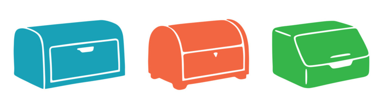 Modern bread box silhouettes in various colors for kitchen interior design and household appliances storage