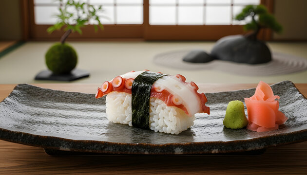 Close up of single octopus sushi with wasabi and gari ginger on long stone plate against a traditional Zen house suitable for cultural and cuisine related