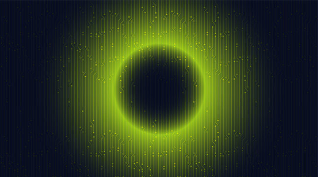 Green Halo Around Black Circle on Dark Tech Background, Vector Illustration