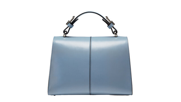 Pale blue structured leather handbag with silver metal handle attachments