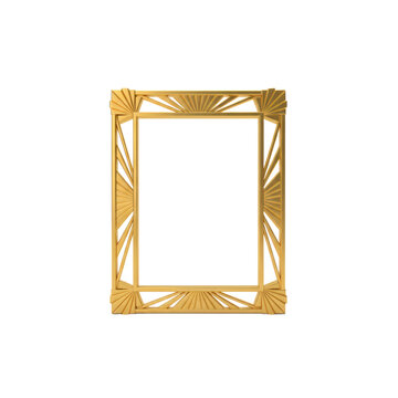 Polished gold art deco rectangular frame with symmetrical geometric patterns and sunburst corners on a white background concept of luxury elegance
