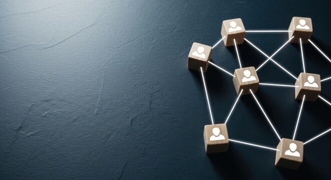 Professional business networking concept, wooden blocks with human icons connected by lines, corporate team structure and social connection on dark background