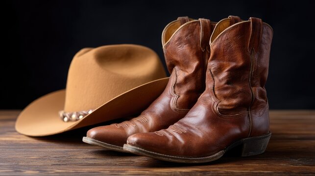 Old cowboy boots and hat placed on a wooden surface, showcasing rustic style and Western culture with room for text