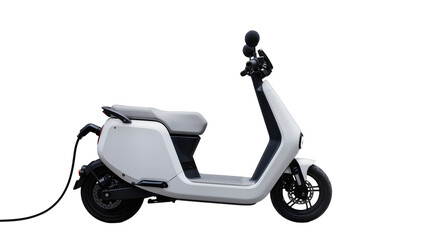 Modern gray electric scooter with charging cable connected © Patricia