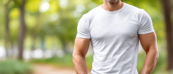 Fototapeta premium Mockup showing athletic man in plain white t-shirt standing in urban street during daylight hours with focus on shirt design and fit