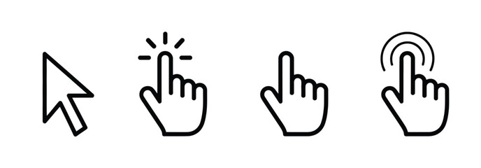 Fototapeta premium Collection of four cursor icons: arrow, pointing finger, and double tap for digital interaction.